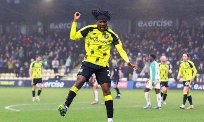 Harrogate Town’s Emmerson Sutton jumps for joy after doubling his side’s lead in style
