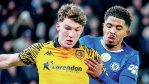Hull City’s Lewis Koumas is put under pressure by Chelsea’s Wesley Fofana