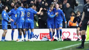 Birmingham City’s Jay Stansfield, right, celebrates his winner with Tommy Doyle
