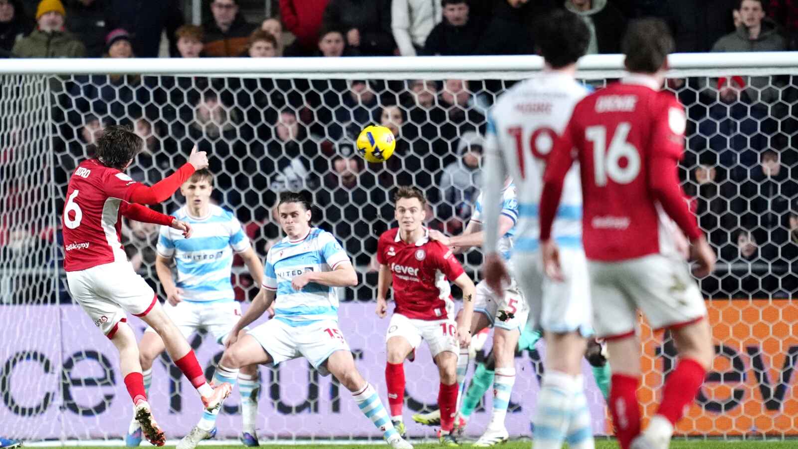 Bristol City’s Max Bird, left, scores a dramatic late equaliser in their 2-2 draw with Wrexham