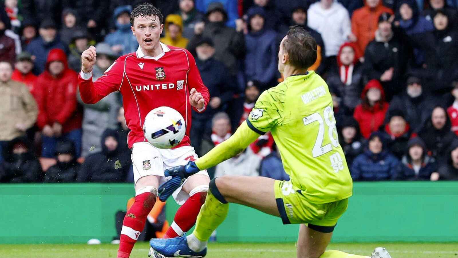 Wrexham’s Nathan Broadhead scores the fifth against his old club Ipswich Town