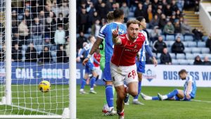 Sam Smith celebrates his winner for Wrexham at Sheffield Wednesday last weekend