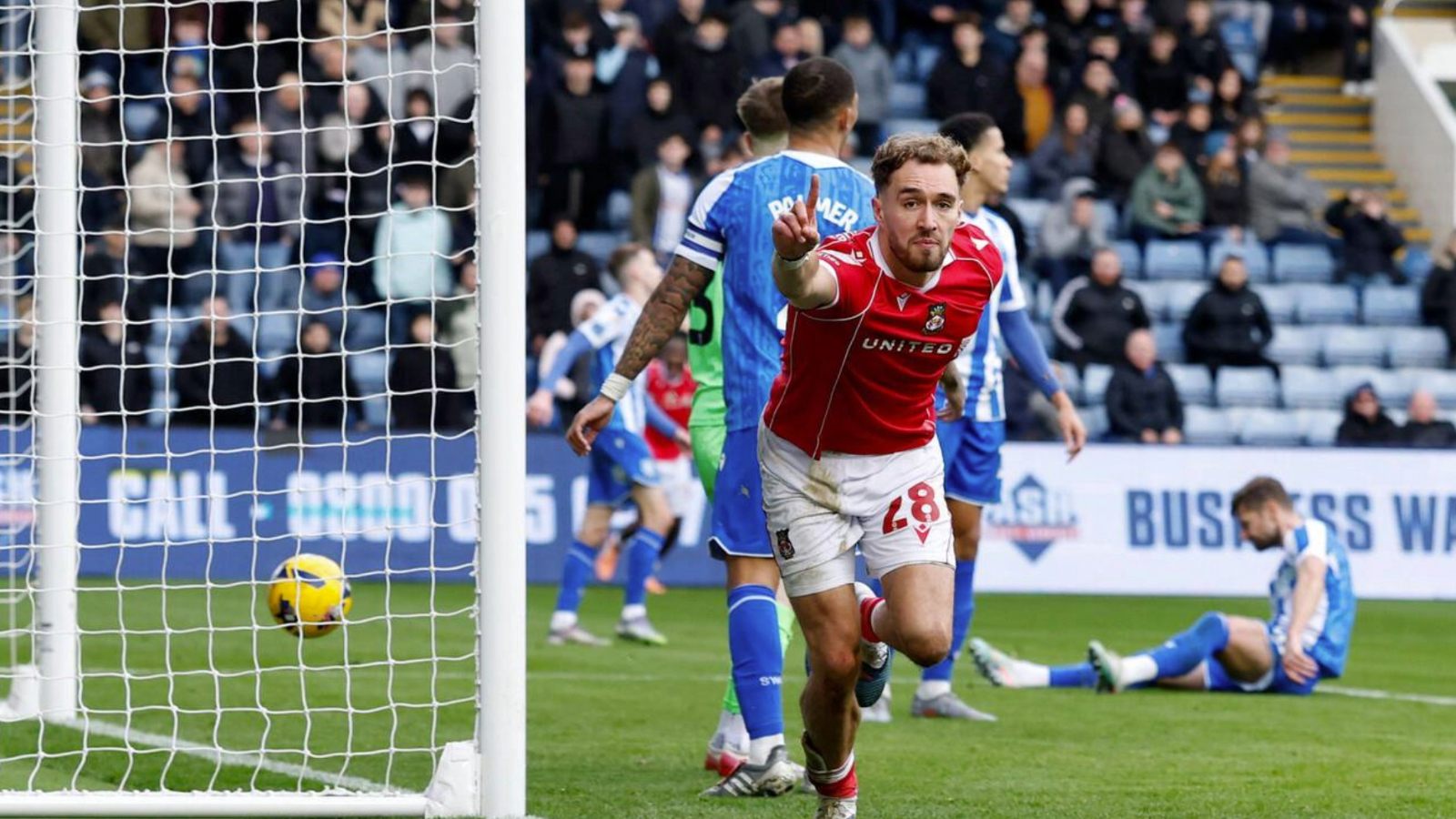 Sam Smith celebrates his winner for Wrexham at Sheffield Wednesday last weekend
