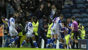 Blackburn Rovers’ Yuki Ohashi is mobbed after his winning goal
