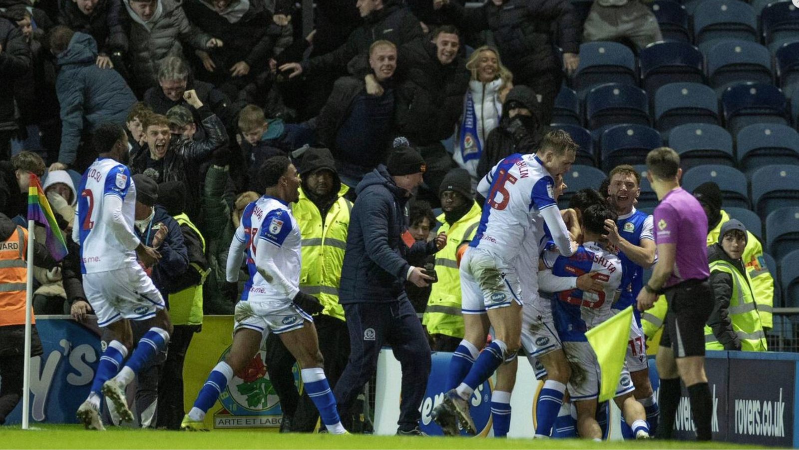 Blackburn Rovers’ Yuki Ohashi is mobbed after his winning goal