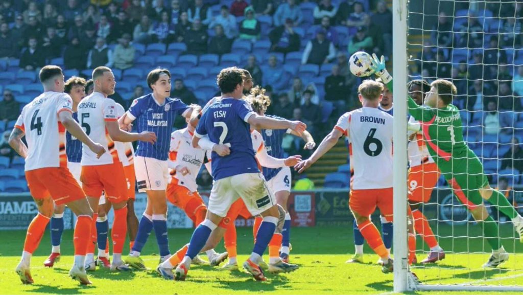 Blackpool goalkeeper Bailey Peacock-Farrell makes a flying save against Cardiff City last weekend