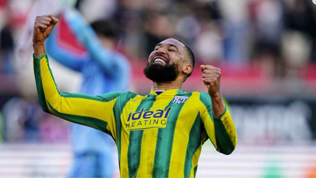 West Bromwich Albion&rsquo;s George Campbell celebrating his winner against Bristol City after the game
