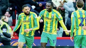 George Campbell, left, celebrates his equaliser with his West Bromwich Albion teammates