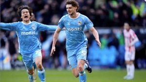 Jack Rudoni, right, celebrates his dramatic winner for Coventry City