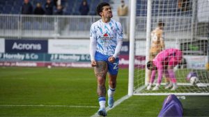 Barrow’s Josh Gordon celebrates his equaliser