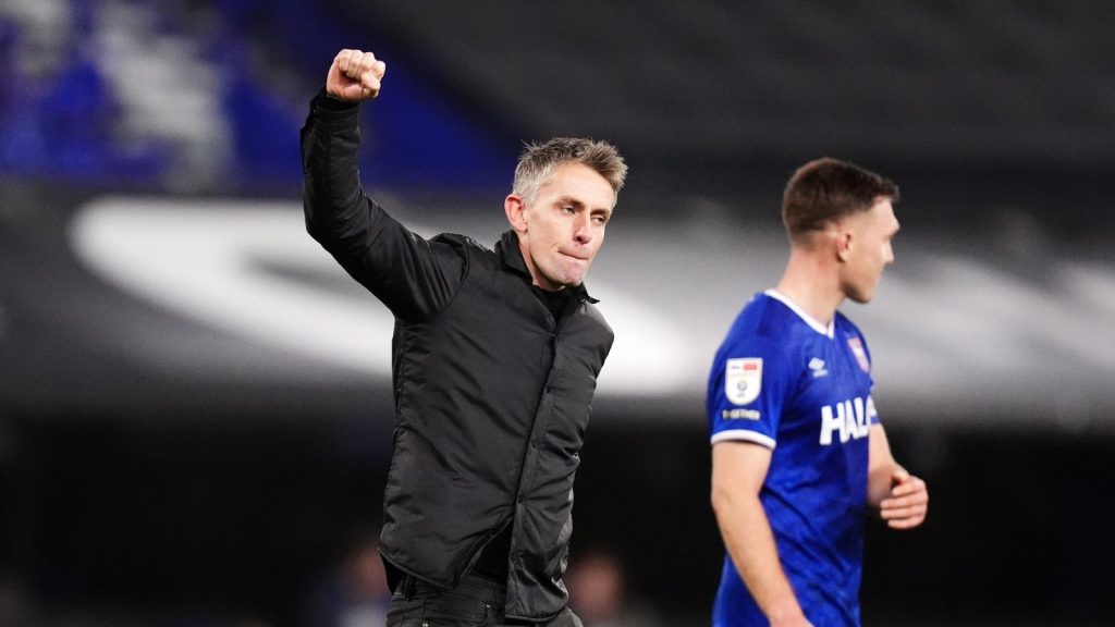 Ipswich Town manager Kieran McKenna gestures to the fans