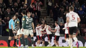 Southampton players celebrate after Finn Azaz’s goa
