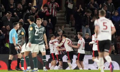 Southampton players celebrate after Finn Azaz’s goa