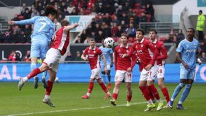 Coventry City’s Tatsuhiro Sakamoto rises high to give them the lead