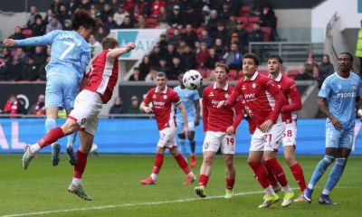 Coventry City’s Tatsuhiro Sakamoto rises high to give them the lead