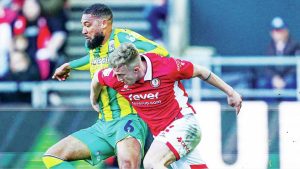 West Bromwich Albion’s George Campbell battles for the ball with Bristol City’s Ross McCrorie