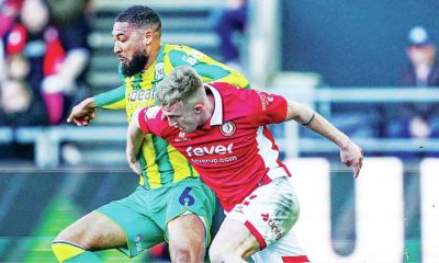 West Bromwich Albion’s George Campbell battles for the ball with Bristol City’s Ross McCrorie