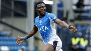 Adama Sidibeh celebrates scoring Stockport County’s third goal