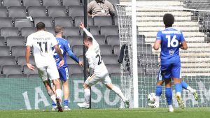 MK Dons’ Ben Wiles celebrates scoring the second