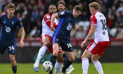 Conor McGrandles battles for the ball in Lincoln City’s 2-2 draw at Stevenage