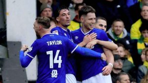 Ipswich Town’s George Hirst, right, celebrates his goal with his team-mates