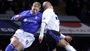 Alun Armstrong heads home for Ipswich Town against Inter Milan in 2001