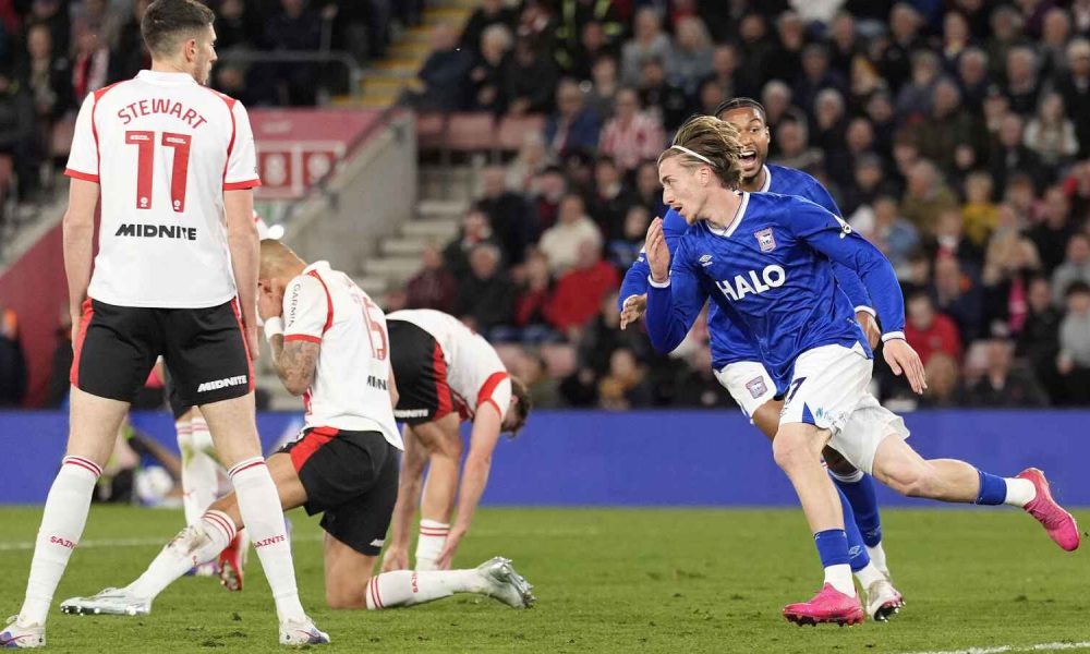 Ipswich Town’s Jack Clarke, right, celebrates his equaliser against Southampton