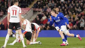 Ipswich Town’s Jack Clarke, right, celebrates his equaliser against Southampton