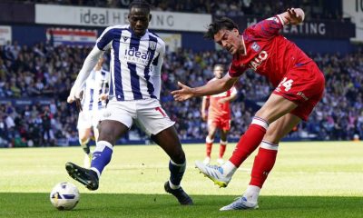 Ipswich Town’s Jacob Greaves, right, shoots under pressure from West Bromwich Albion’s Ousmane Diakite