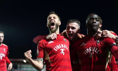 Jorge Grant (left) celebrates scoring Salford City’s first goal
