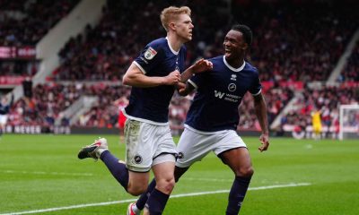 Josh Coburn, left, celebrates his winner for Millwall at former club Middlesbrough