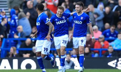 Ipswich Town’s Kasey McAteer, centre, celebrates the winner
