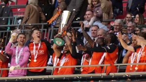 Luton Town celebrate winning the 2026 Vertu Trophy