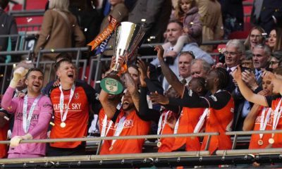 Luton Town celebrate winning the 2026 Vertu Trophy