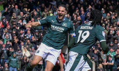 Lorent Tolaj, left, celebrates Malachi Boateng’s late leveller for Plymouth Argyle