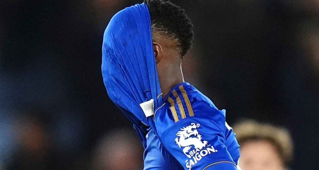 Leicester City striker Patson Daka with his shirt over his head at full-time