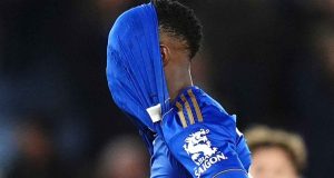 Leicester City striker Patson Daka with his shirt over his head at full-time