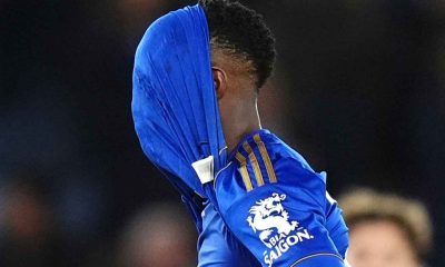 Leicester City striker Patson Daka with his shirt over his head at full-time