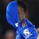 Leicester City striker Patson Daka with his shirt over his head at full-time