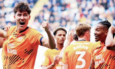 Rubin Colwill, left, celebrates scoring Cardiff City’s opener