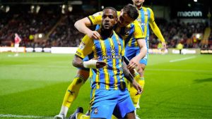 Target-man Cyle Larin celebrates scoring Southampton’s third goal in their 5-1 midweek romp at Wrexham