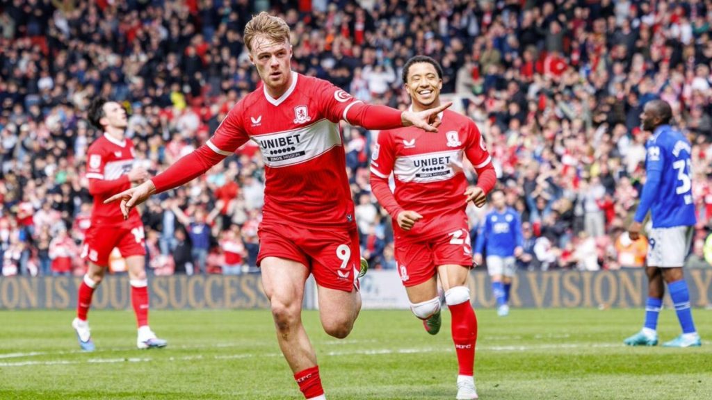 Tommy Conway celebrates scoring his second and Middlesbrough&rsquo;s fifth