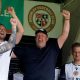 Bromley manager Andy Woodman (centre) celebrates in the stands