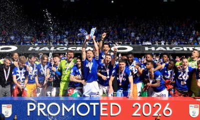 Skipper Dara O’Shea lifts the trophy as Ipswich Town savour promotion