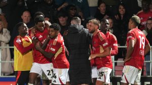 Salford City’s Kallum Cesay (second left) celebrates scoring against Grimsby Town