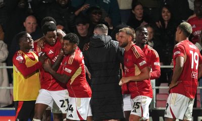 Salford City’s Kallum Cesay (second left) celebrates scoring against Grimsby Town