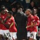 Salford City’s Kallum Cesay (second left) celebrates scoring against Grimsby Town