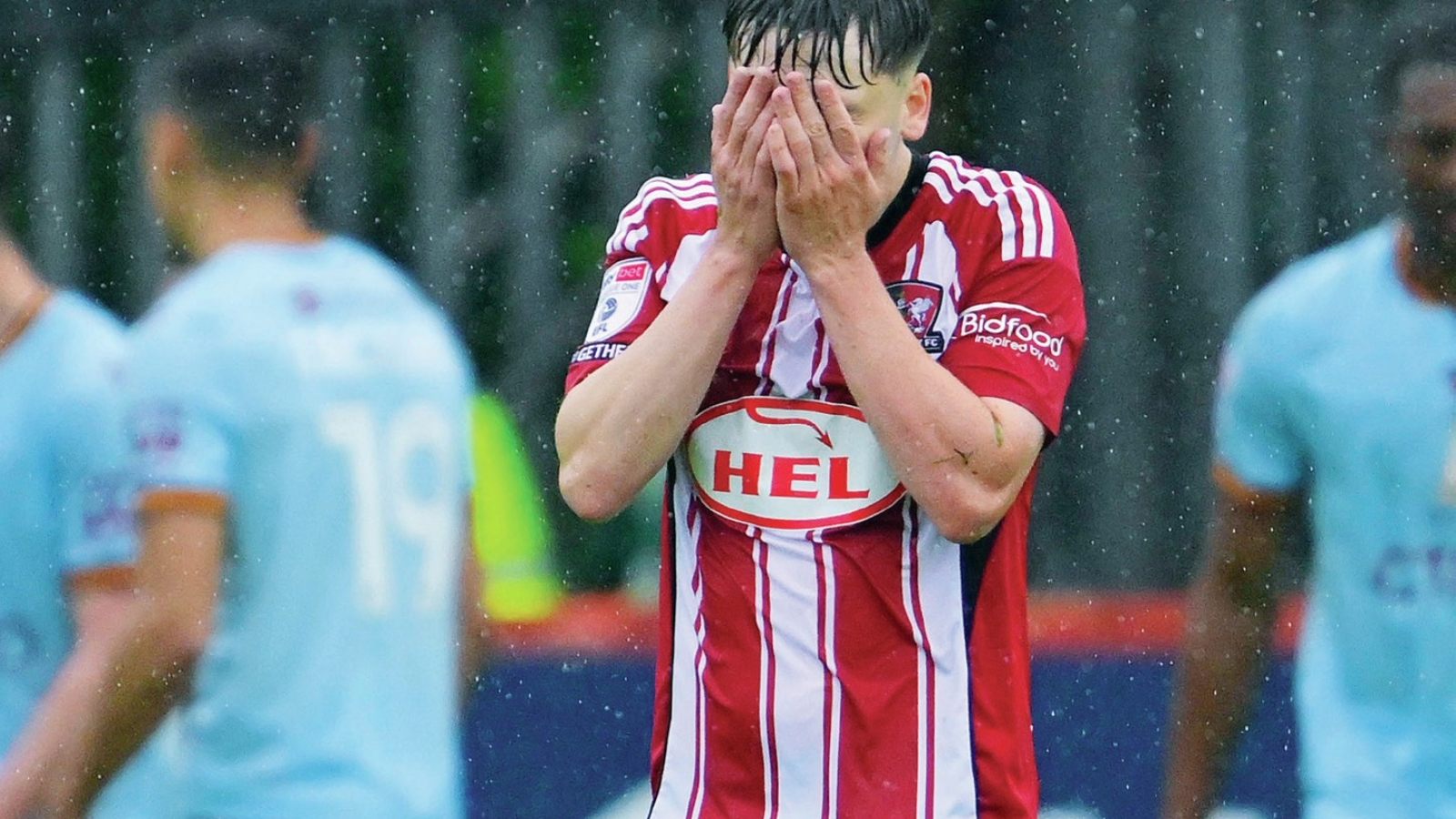 Exeter City’s Liam Oakes looks dejected after conceding