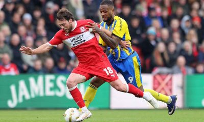 Middlesbrough’s Aidan Morris (left) and Southampton’s Cyle Larin battle for the ball