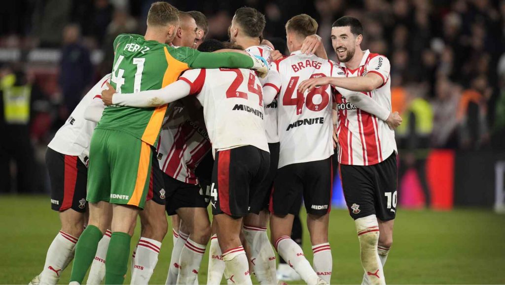 Southampton players celebrate at the final whistle after during the Sky Bet Championship play off semi-final at St Mary’s on May 12